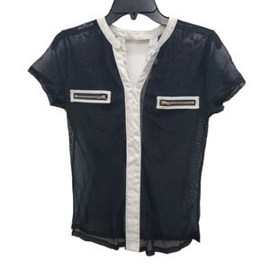 Active‎ USA Women's Black Sheer Mesh White Trim Zipper Keyhole Neck Top Size M